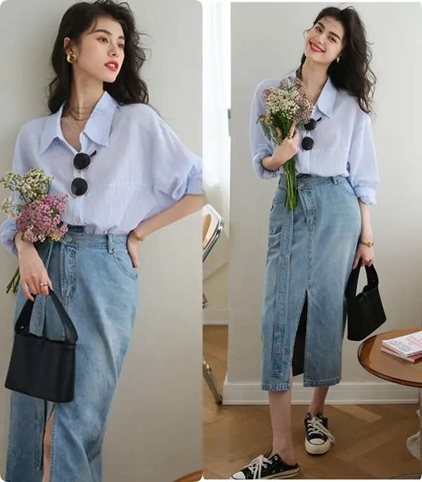 Chân váy jean dài mix với áo sơ mi