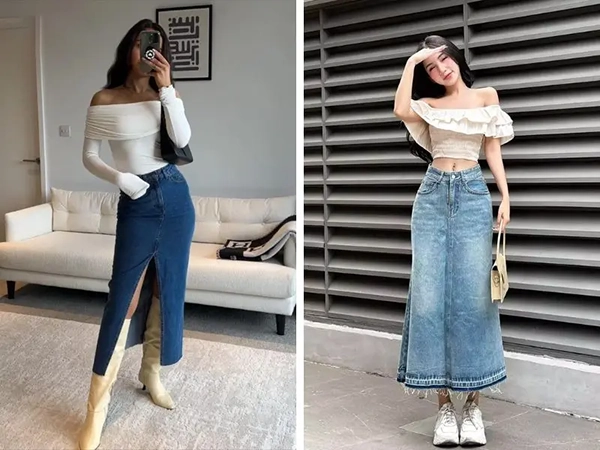 Chân váy jean dài phối với áo gì?