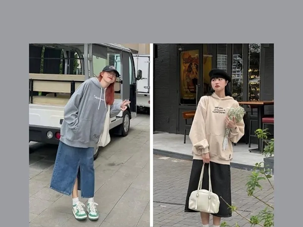 Chân váy jean dài phối áo hoodie