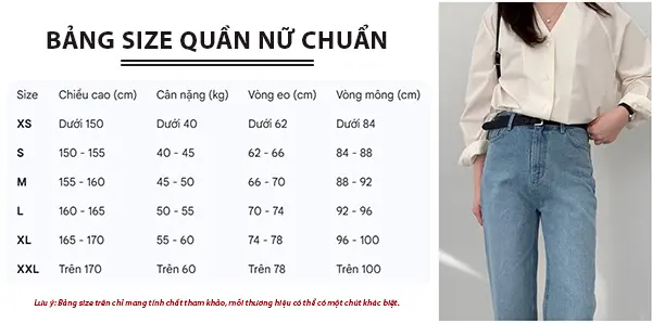 Bảng size quần nữ chuẩn