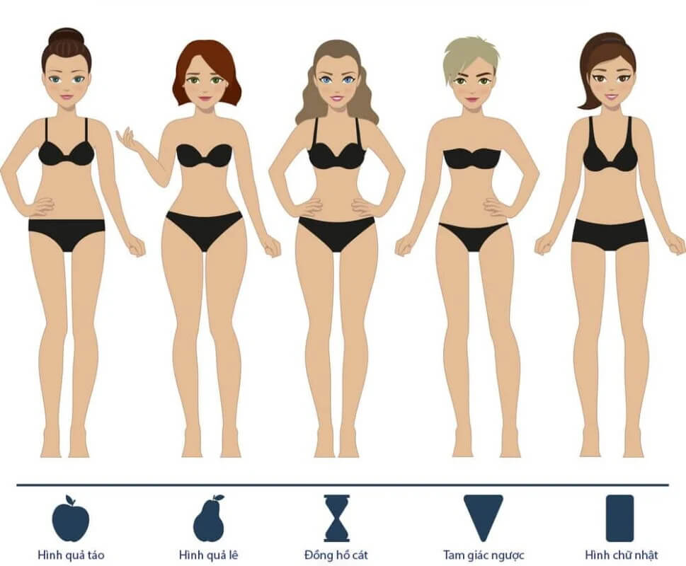 Các dáng người nữ phổ biến: quả táo, quả lê, chữ nhật, đồng hồ cát