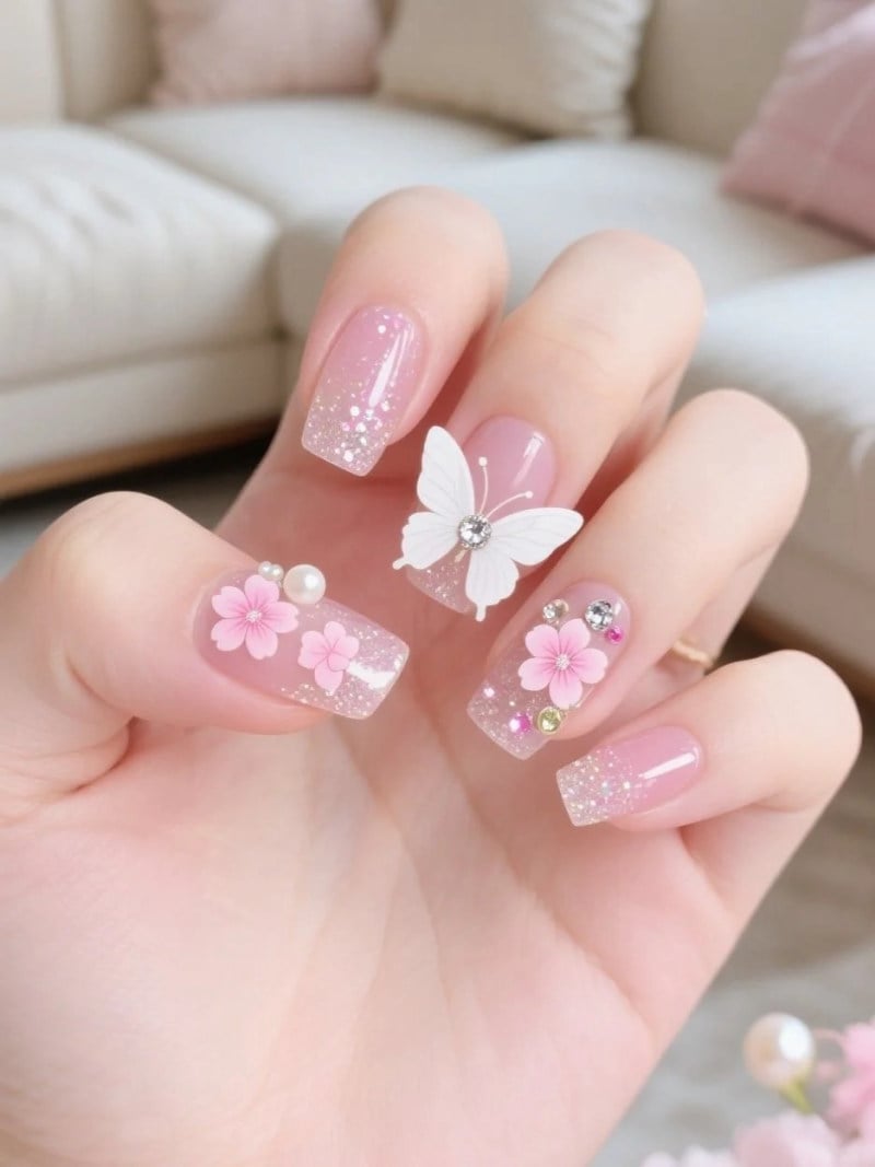 Mẫu nail hồng thạch đính đá nhỏ tinh tế
