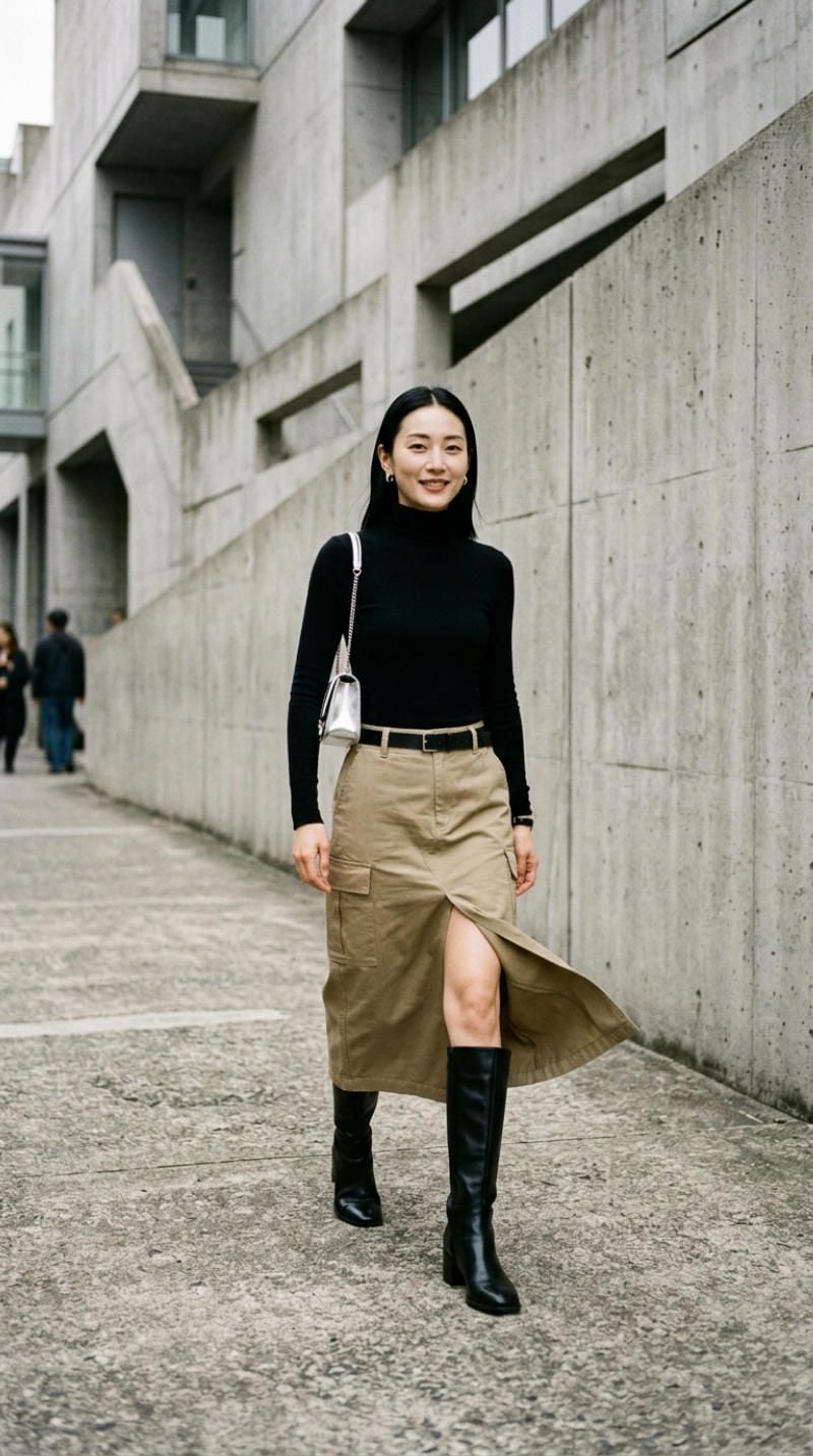 Outfit utilitarian với tông màu xanh rêu và nâu đất mang hơi hướng quân đội hiện đại