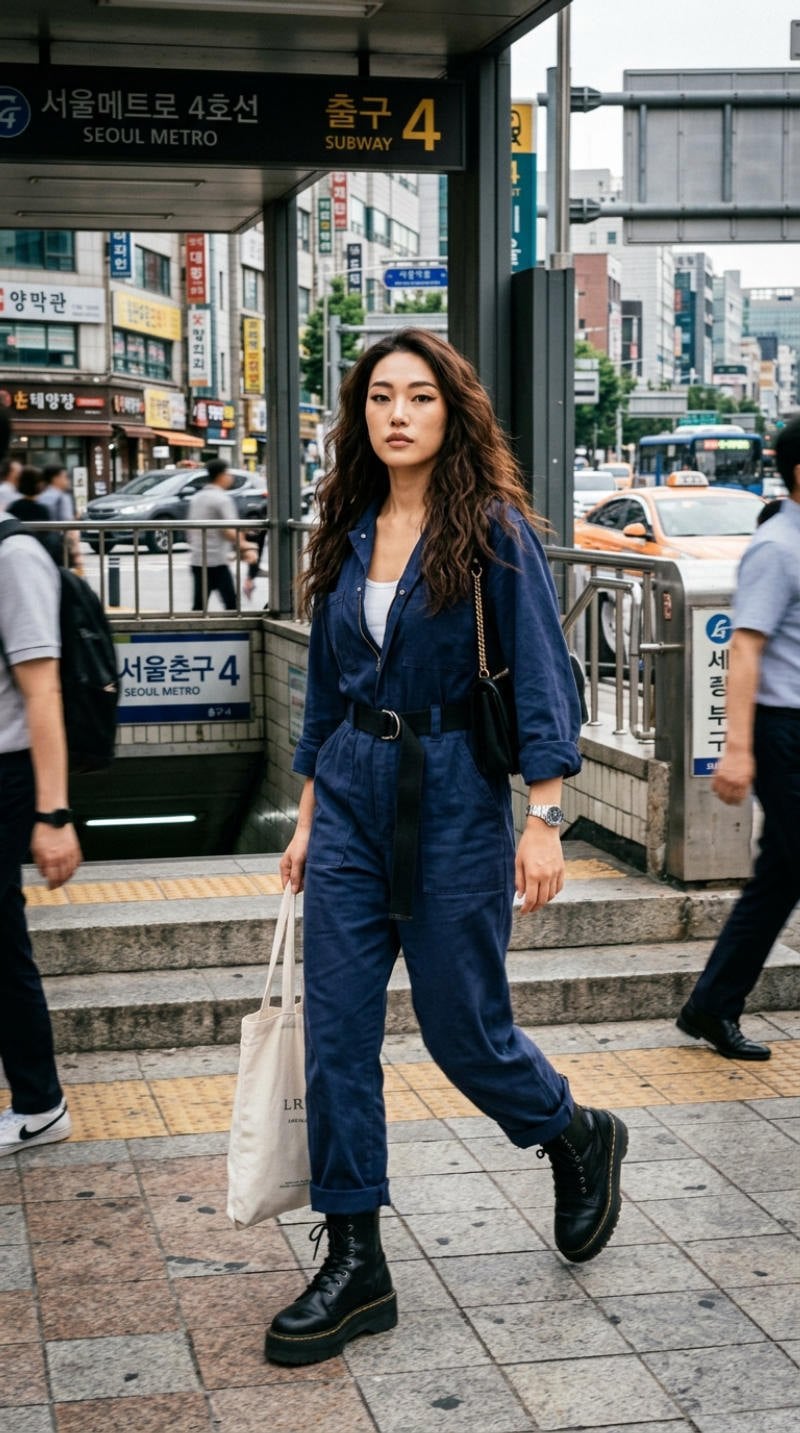 Outfit phong cách utilitarian với áo khoác nhiều túi và quần ống rộng tông màu trung tính