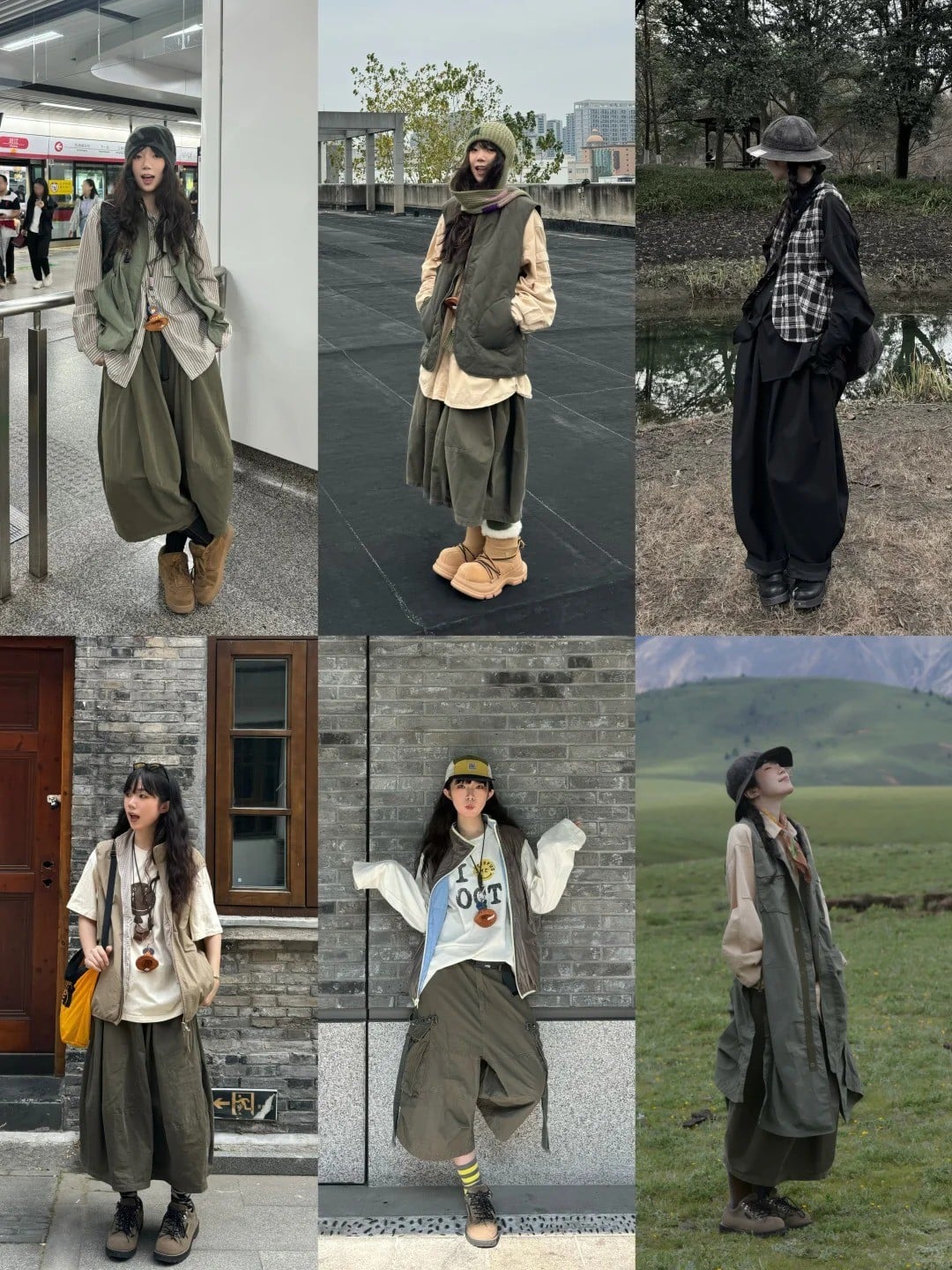 Outfit Yama style với tông nâu be và xanh rêu, phong cách dã ngoại trẻ trung